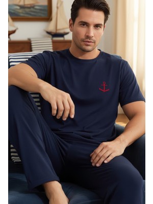 Siyah İnci Lacivert Kısa Kollu Örme Erkek Pijama Takım 7794