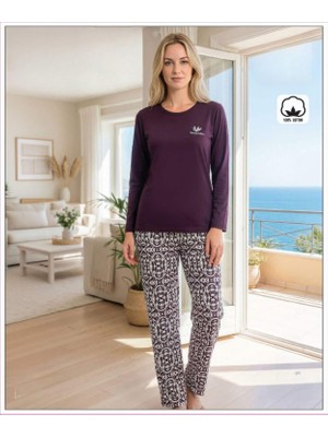 Melodi Kadın Standart Kalıp %100 Pamuk Bisiklet Yaka Uzun Kollu Baharlık Pijama Takımı 16233 - 1 Adet