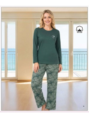 Melodi Kadın Standart Kalıp %100 Pamuk Bisiklet Yaka Uzun Kollu Baharlık Pijama Takımı 16228 - 1 Adet