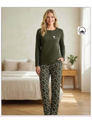Melodi Kadın Standart Kalıp %100 Pamuk Düğmeli Yaka Uzun Kollu Baharlık Pijama Takımı 16231 - 1 Adet