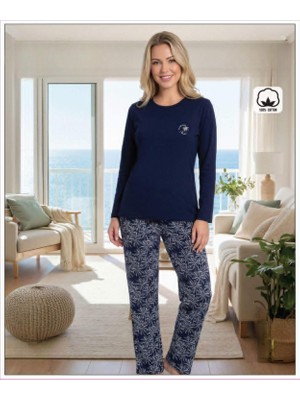 Melodi Kadın Standart Kalıp %100 Pamuk Bisiklet Yaka Uzun Kollu Baharlık Pijama Takımı 16229 - 1 Adet