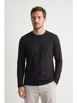elemge %100 Pamuk Süprem Basic Erkek T-Shirt Compact Penye Tok Yumuşak Kumaş Normal Kalıp Terletmez Uzun Kollu Siyah Sporcu Motorcu Tişört Body