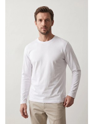 elemge %100 Pamuk Süprem Basic Erkek T-Shirt Compact Penye Tok Yumuşak Kumaş Normal Kalıp Terletmez Uzun Kollu Beyaz Sporcu Motorcu Tişört Body