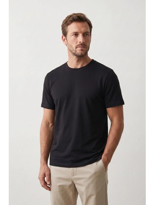 elemge Pamuk Likra Vücuda Oturan Magic Fit Siyah Erkek Basic T-Shirt Compact Penye Kısa Kol Esnek Tişört Elastan
