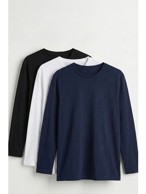 elemge %100 Pamuk 3'lü Süprem Basic Erkek T-Shirt Compact Penye Tok Yumuşak Kumaş Normal Kalıp Terletmez Uzun Kollu Sporcu Siyah Beyaz Lacivert Motorcu Tişört Body