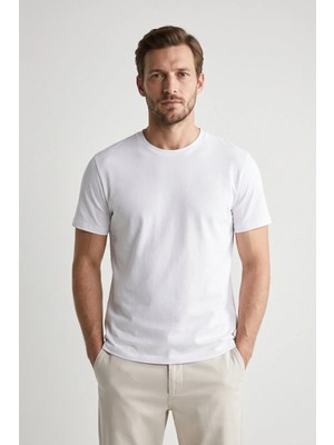 elemge Pamuk Likra Vücuda Oturan Magic Fit Beyaz Erkek Basic T-Shirt Compact Penye Kısa Kol Esnek Tişört Elastan