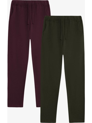 elemge %100 Pamuk 2'li Süprem Erkek Pijama Altı Compact Penye Rahat Kalıp Cepli Ipli Terletmez Bordo - Haki