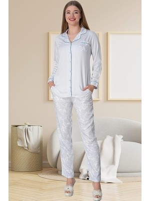 raia  5143 Mavi Boydan Düğmeli Kadın Pijama Takımı