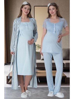 raia  6063 Mavi Çizgili Uzun Sabahlıklı Gecelik Pijama Lohusa Set