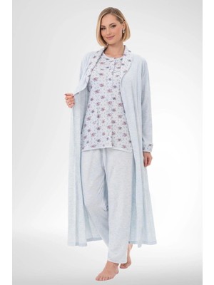 raia  6317 Mavi Kadın Büyük Beden Boydan Düğmeli Sabahlıklı Pijama Takımı