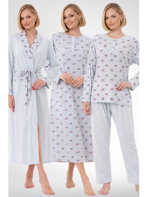 raia  6318 Mavi Büyük Beden Kadın Sabahlık Pijama Gecelik Set