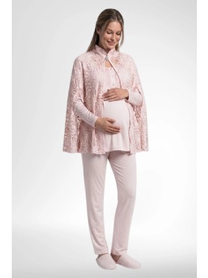 raia  6402 Elegant Pudra Pembe Dantel Pelerinli Lohusa Pijama Takımı