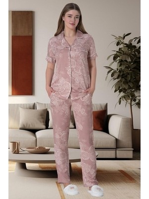 raia  6014 Pudra Çiçek Desenli Boydan Düğmeli Kadın Pijama Takımı