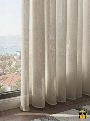 Ran Perde Kalın Dokulu Dökümlü Keten Tül Perde - Bej - Pileli Dikim - 1x2,5 Pile  -AE4141