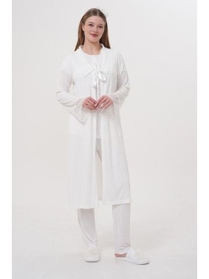 raia  1541 Ekru Uzun Sabahlıklı Lohusa Pijama Takımı