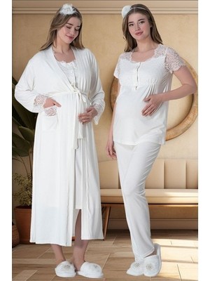 raia  6065 Ekru Uzun Sabahlıklı Gecelik Pijama Lohusa Set
