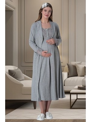 raia  6066 Gri Sabahlıklı Gecelik Pijama Lohusa Set