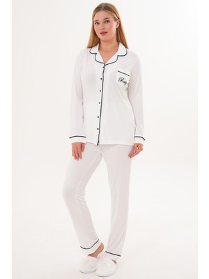 raia  6307 Ekru Boydan Düğmeli Kadın Pijama Takımı