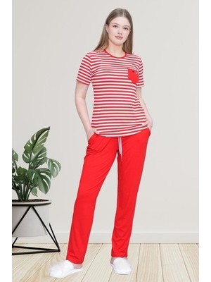 raia  6202 Kırmızı Çizgili Büyük Beden Kadın Pijama Takımı