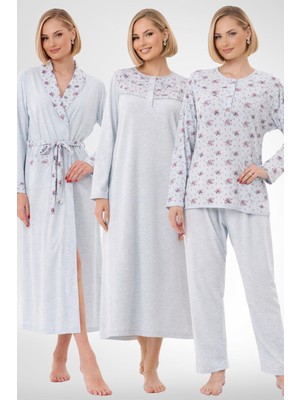 raia  6320 Mavi Büyük Beden Kadın Sabahlık Pijama Gecelik Set