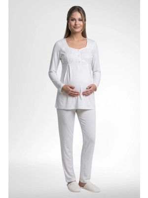 raia  6402 Elegant Ekru Dantel Pelerinli Lohusa Pijama Takımı