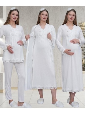 raia  1519 Ekru Lohusa Sabahlık Gecelik Pijama Set