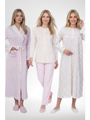 raia  6386 Pembe Büyük Beden Kadın Sabahlık Düğmeli Pijama ve Uzun Kollu Gecelik Set