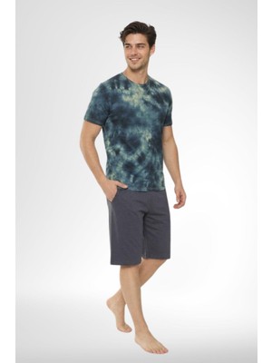 raia  4001 Lacivert Batik Desenli %100 Pamuk Şortlu Erkek Pijama Takımı