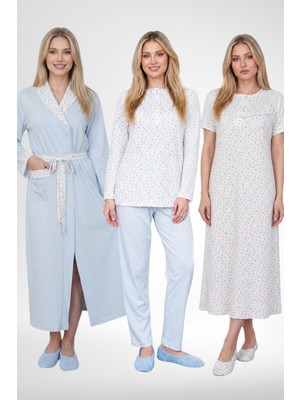 raia  6385 Mavi Büyük Beden Kadın Sabahlık Pijama ve Kısa Kollu Gecelik Set