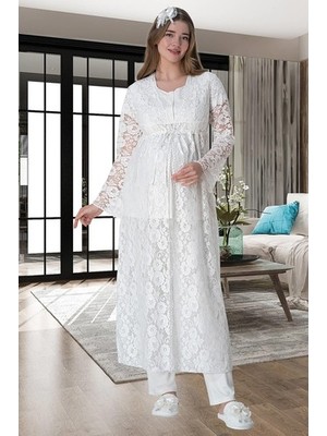 raia  6000 Ekru Dantel Sabahlıklı Lohusa Pijama Takımı