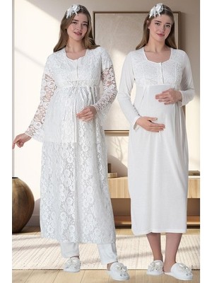 raia  6060 Ekru Dantel Sabahlıklı Gecelik Pijama Lohusa Set