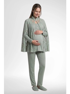 raia  6402 Elegant Yeşil Dantel Pelerinli Lohusa Pijama Takımı