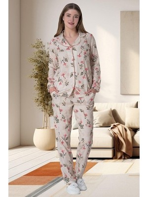 raia  6023 Pudra Büyük Beden Boydan Düğmeli Kadın Pijama Takımı