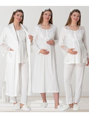 raia  5355 Ekru Lohusa Sabahlık Pijama Gecelik Takım