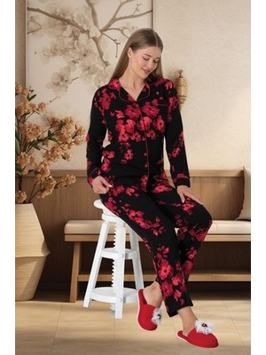 raia  5922 Çiçek Desenli Boydan Düğmeli Kadın Pijama Takımı