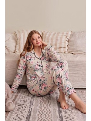 raia  6354 Çiçek Desenli Boydan Düğmeli Kadın Pijama Takımı