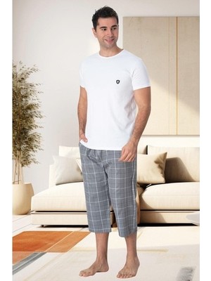 raia  2913 Gri Ekoseli Erkek Büyük Beden Capri Pijama Takımı