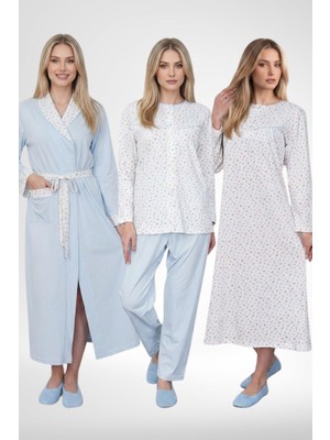 raia  6386 Mavi Büyük Beden Kadın Sabahlık Düğmeli Pijama ve Uzun Kollu Gecelik Set
