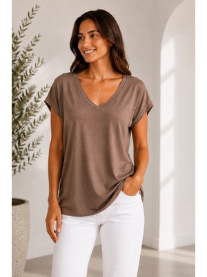 Mixxtrend Kadın Ön Arka V Yaka Vizon Renk Extra Soft Pamuklu T-Shirt