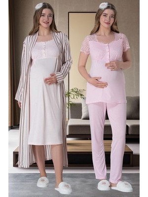 raia  6063 Pembe Çizgili Uzun Sabahlıklı Gecelik Pijama Lohusa Set