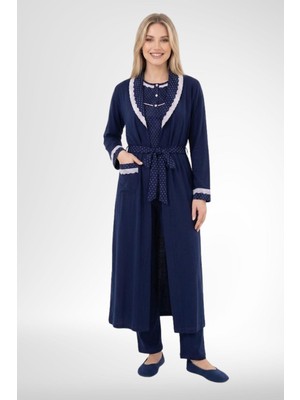 raia  6391 Lacivert %100 Pamuk Kadın Büyük Beden Uzun Sabahlıklı Pijama Takımı