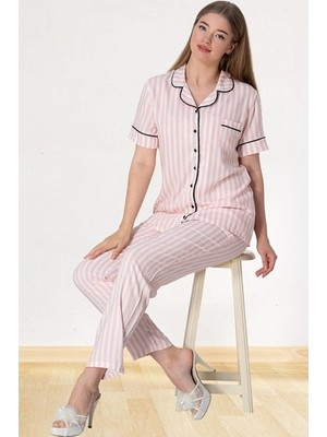 raia  5150 Pembe Çizgili Boydan Düğmeli Kadın Pijama Takımı