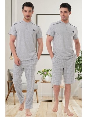 raia  2980 Gri Büyük Beden 3 Parça Erkek Şortlu Pijama Takımı