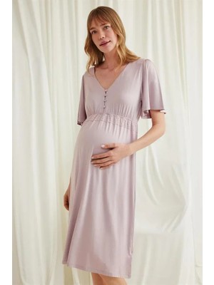 Ang Butik Dantelli Önü Düğmeli Hamile Lohusa Viskon Gecelik