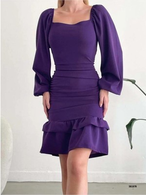 Ang Butik Kadın Şık Model Kare Yaka Uzun Kol Elbise