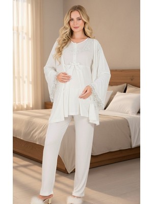 LOHUSSA Yeni Sezon Ekru Emzirme Özellikli Ispanyol Kol Tasarım Hamile Lohusa Sabahlık Pijama Takımı 3'lü Set