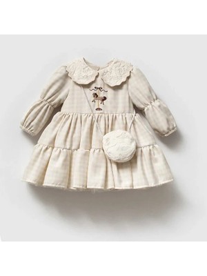 ministok Carousel Nakış Işlemeli Dantel Yakalı Çanta Aksesuarlı Kız Bebek Elbise