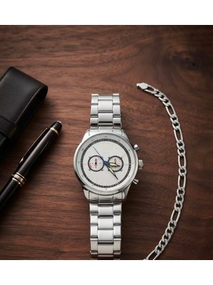 Feronnucci Erkek Kol Saati Bileklik Hediyeli Metal Kordon Çelik Kasa Analog Quartz Kronograf Görünümlü Gümüş Renk Şık Klasik Spor Erkek Saati CP22