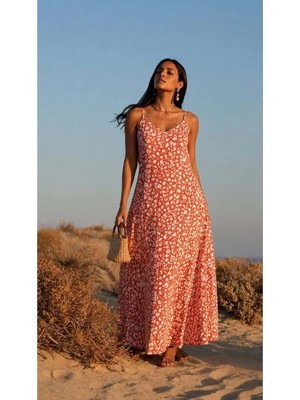 Ang Butik Kadın Şık Tasarım Dik Yaka Askılı Desenli Uzun Elbise