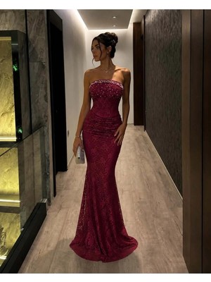 Ang Butik Kadın Vintage Straplez Kolsuz Nakışlı Işlemeli Bodycon Elbise